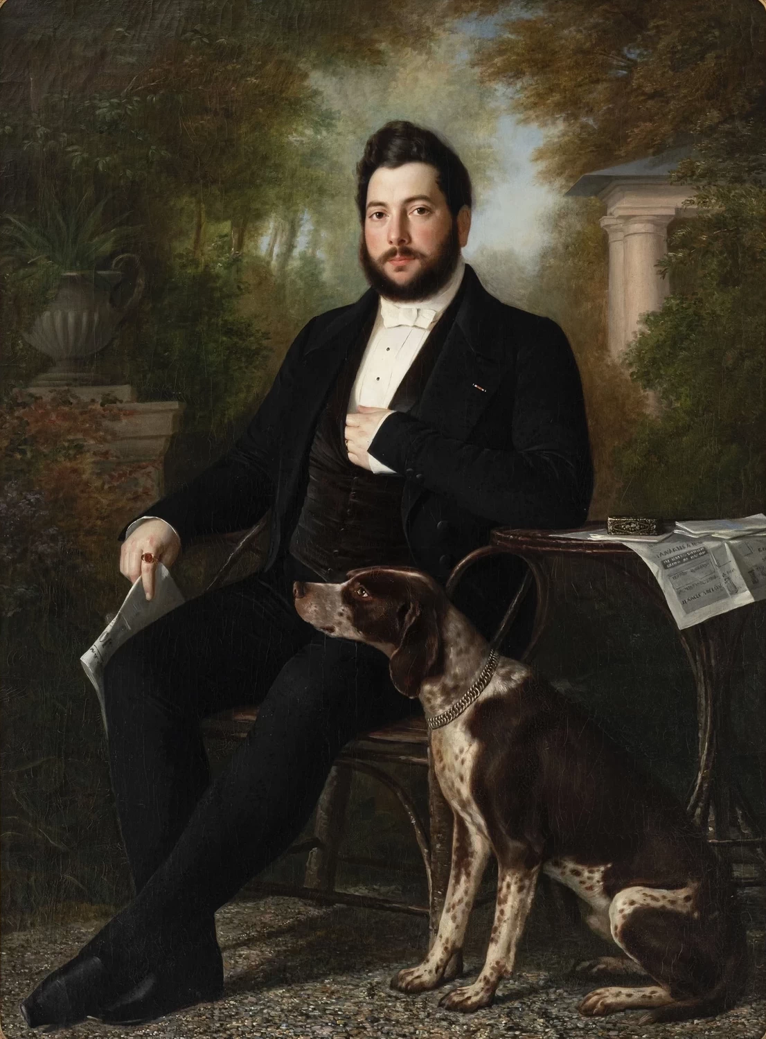Ritratto di uomo seduto con il suo cane